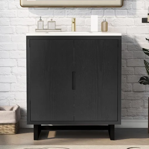 Vista 3 de LUMISOL Tocador de baño de 30 pulgadas con lavabo, armario de almacenamiento de baño negro de madera maciza con dos puertas, tocador de baño moderno