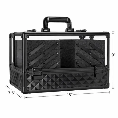 Vista 4 de Ver Beauty Estuche de tren de maquillaje de diamante negro con 6 bandejas de acordeón, organizador de cosméticos con cerradura