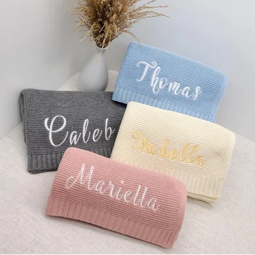 Vista 3 de Manta de punto personalizada para bebé, regalo bordado para baby shower, manta de cochecito Regalo para bebé recién nacido con monograma Tejido