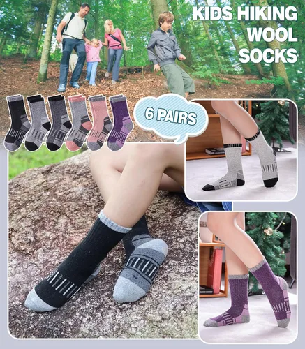 Vista 2 de Calcetines de senderismo de lana merino para niños y niñas, para invierno, cálidos, gruesos, térmicos, calcetines de regalo, 6 pares