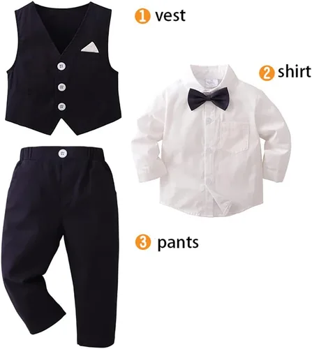 Vista 47 de IDOPIP Trajes de otoño e invierno para niños pequeños, camisa de manga larga con corbatín + chaleco + pantalones largos, overoles