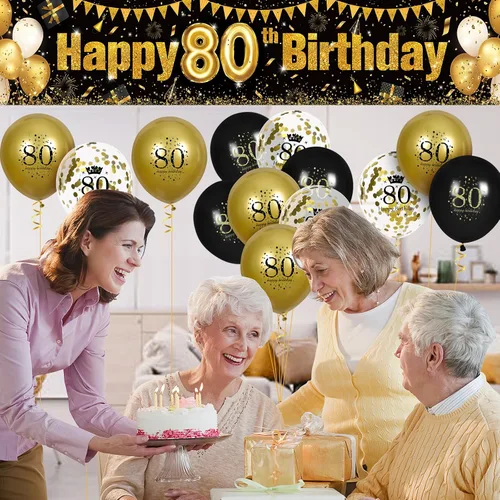 Vista 2 de Globos de decoración de cumpleaños n.° 80 y negro dorado para hombres y mujeres, pancarta de feliz cumpleaños n.° 80 para fiesta de cumpleaños n.°