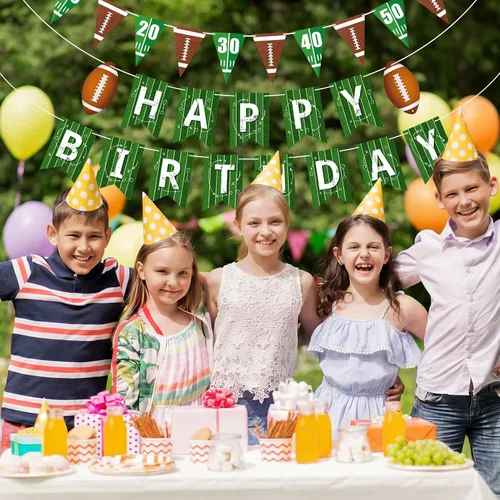 Vista 6 de Pasimy 4 piezas de banderines de cumpleaños de fútbol americano Bandera de pendón de fútbol americano Bandera de feliz cumpleaños circular Guirnalda