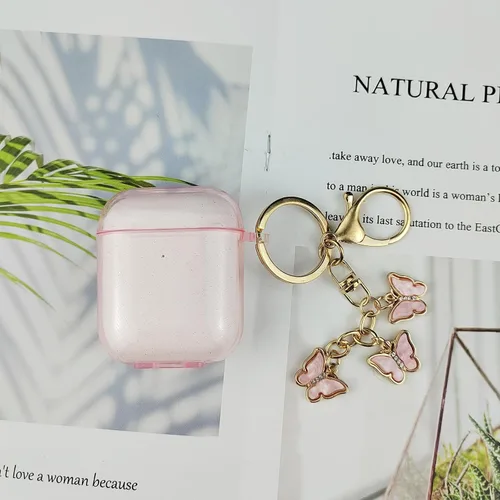 Vista 5 de Funda compatible con AirPods, funda de TPU suave para AirPods de 2 y 1 generación con bonito llavero de mariposa para niñas y mujeres