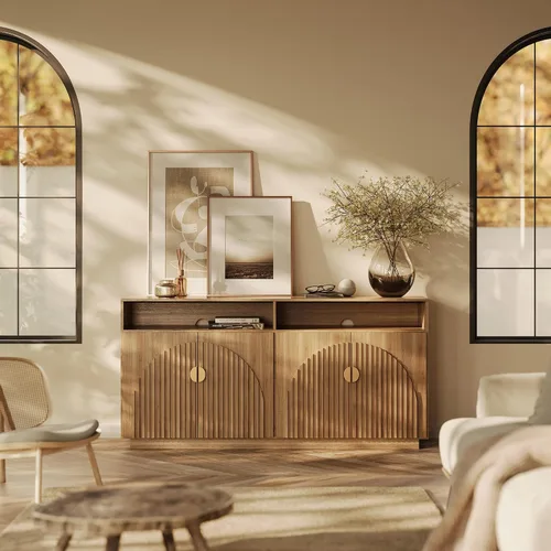 Vista 26 de BELLEZE Centro de entretenimiento modular de 4 piezas con almacenamiento, 2 vitrinas de madera moderna con gabinete arqueado y 2 armarios de puerta