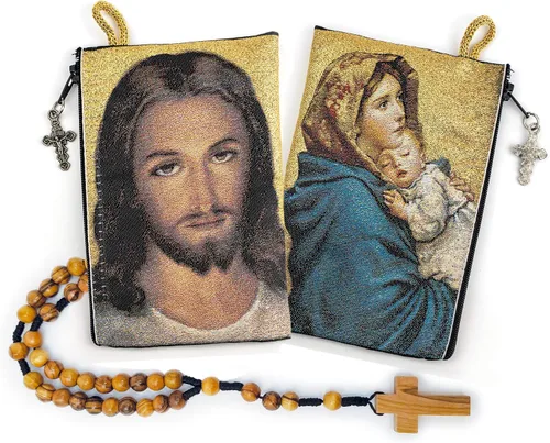 Vista 12 de Bolsa de rosario con cuerda católica de madera de olivo, rosario de Israel, Jesús Rey del Universo y creo en Dios, tela tejida, estilo tapiz, bolsa
