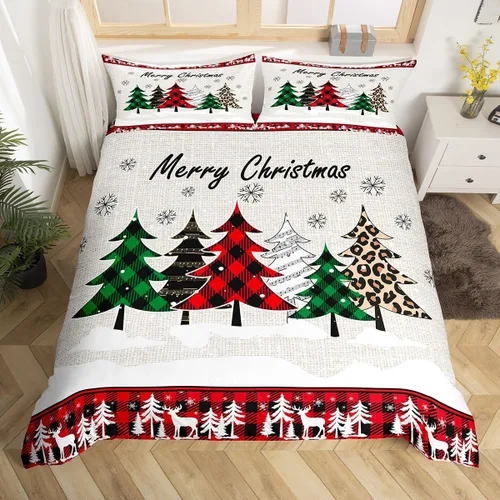 Vista 10 de Juego de funda de edredón con diseño de ciervo de cabaña, tamaño twin, juego de ropa de cama rústica de tablón de madera de árbol de Navidad