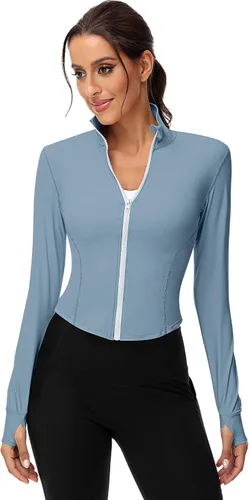 Vista 7 de Paquete de 2 chaquetas de entrenamiento para mujer, camisetas de entrenamiento de manga larga con agujeros para el pulgar, chaquetas ligeras