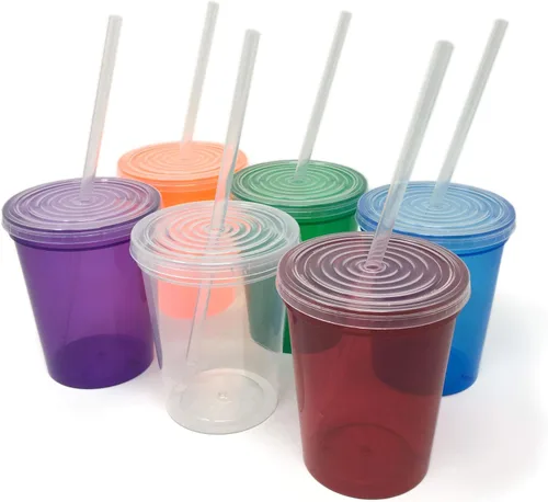 Vista 15 de Rolling Sands - Vasos de plástico reutilizables de 16 onzas con tapas, 6 unidades, hechos en EE. UU.; vasos y tapas de plástico, incluye 6 pajitas