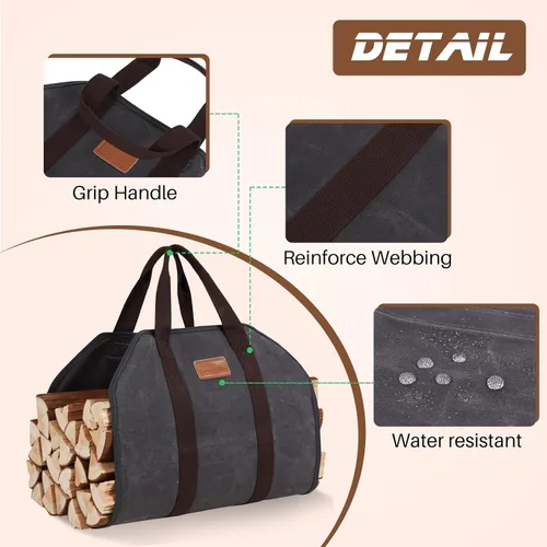 Vista 3 de Bolsa de lona encerada de leña con asas, soporte de leña resistente, para chimenea, accesorios para estufa de leña para campamento, barbacoa