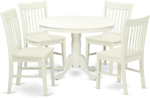 Vista 13 de East West Furniture HLNO3-BCH-W Juego de mesa y sillas de cocina de 3 piezas contiene una mesa de comedor redonda con pedestal y 2 sillas