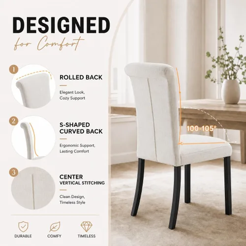 Vista 5 de Asday Upholstered Dining Chairs Set of 2, High Back Fabric Chairs, Beige Linen Fabric, High Back, Black Metal Legs