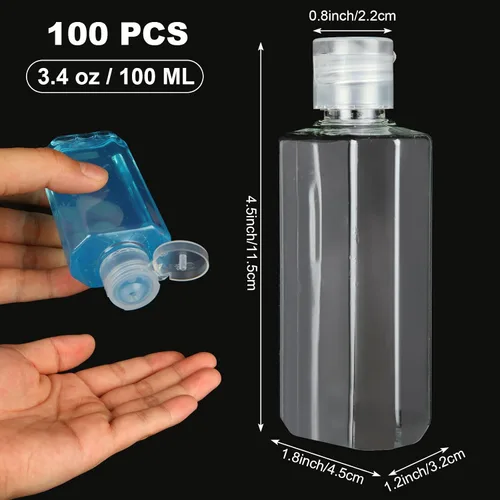 Vista 2 de Paquete de 30 botellas de plástico transparente de 3.4 onzas para artículos de tocador, recipientes de viaje vacíos recargables de 3.4 fl oz