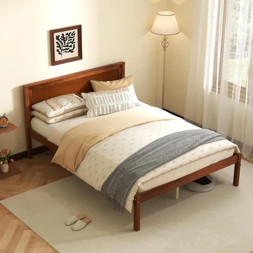 Vista 12 de KOMFOTT Base de cama de plataforma de madera de tamaño completo con cabecero, marco de cama de madera de mediados de siglo de 16 pulgadas