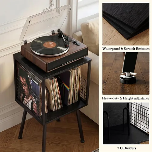 Vista 5 de Faesun Soporte para tocadiscos con almacenamiento para más de 100 discos de vinilo, soporte giratorio industrial con estante de almacenamiento