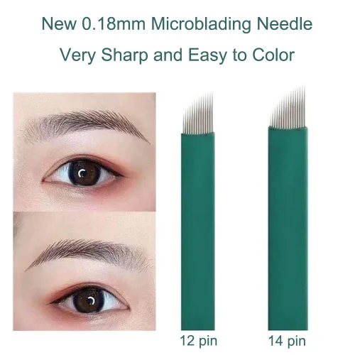 Vista 2 de Agujas de tatuaje de cejas inclinadas S14, agujas de microblading manual de maquillaje permanente, 14 pernos de 0.007 in desechables