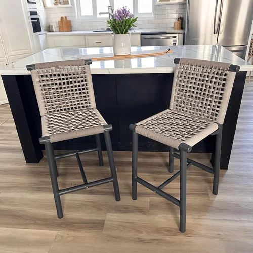 Vista 14 de PURPLE LEAF - Juego de 2 taburetes de bar con respaldo y reposabrazos Wraparound Cushioned Back and Arm, Powder-Coated Aluminum Frame