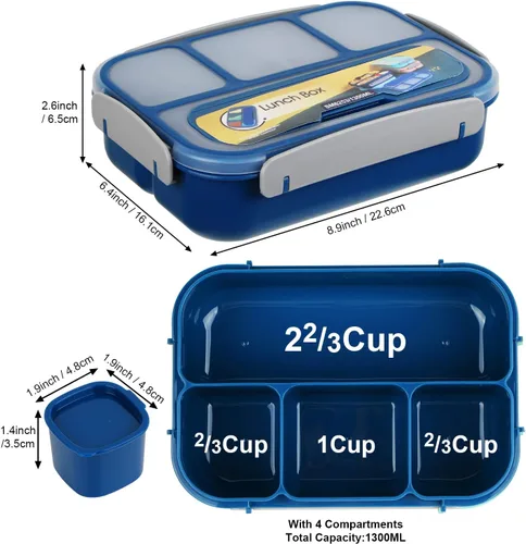 Vista 2 de MaMix Lonchera Bento para adultos, lonchera para niños, contenedores de almuerzo para adultos, niños, estudiantes, 44.0 fl oz, 4 compartimentos Azul