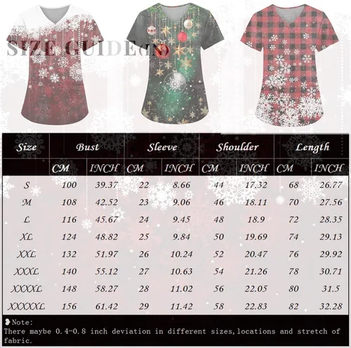 Vista 3 de Uniforme de trabajo de Halloween para mujer, camiseta de manga corta con estampado navideño y cuello en V
