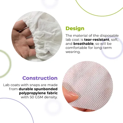 Vista 4 de Disposable Lab Coats SPP 50 GSM with Snaps, Elastic Wrists, Folded Collar, and Pocket