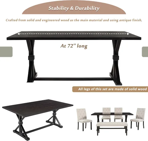 Vista 5 de Juego de mesa de comedor de 6 piezas, juego de comedor de madera con mesa rectangular de madera de 78 pulgadas, 4 sillas tapizadas y banco, juego