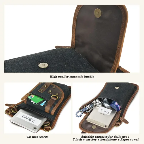 Vista 5 de Handadsume Lona resistente al agua + cuero para motocicleta, viajes, riñonera de viaje, bolsa de pierna para hombres y mujeres FB2141, 2141-negro