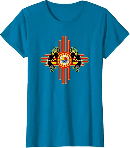 Vista 95 de Native American Kokopelli Kachina Zia Symbol 2 - Camiseta divertida para fanáticos, Negro