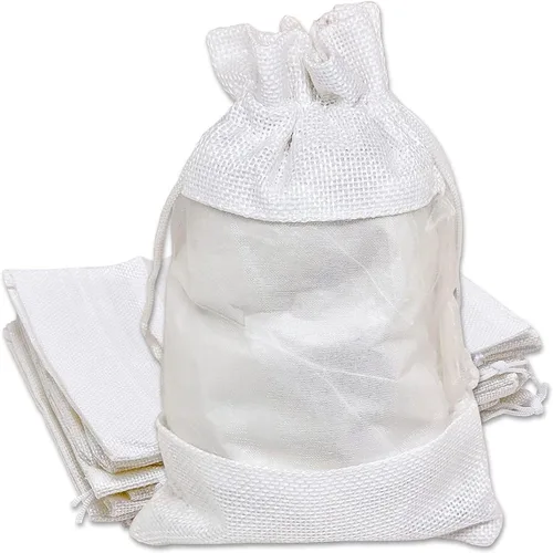 Vista 20 de TheDisplayGuys para tu vida moderna - Paquete de 12 bolsas de regalo pequeñas de arpillera de lino y organza con cordones (8.9x14 cm, gris)