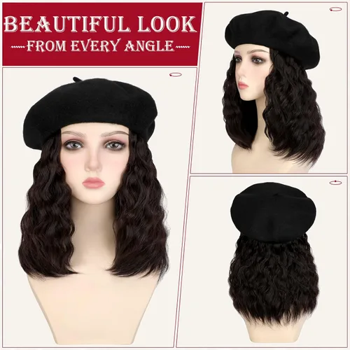 Vista 2 de Boinas con extensiones de cabello, gorra clásica elástica de lana francesa sólida adjunta, corto y rizado, peluca sintética para mujer, color marrón
