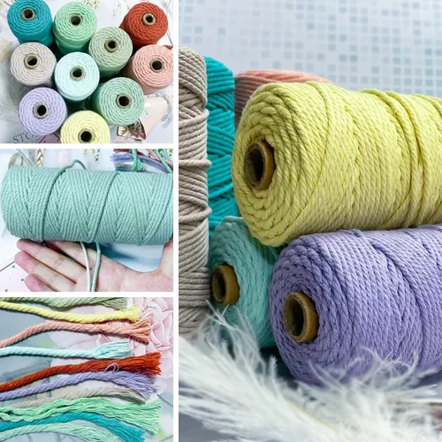 Vista 4 de Cordón de macramé de algodón natural grueso de 3mm x 109 yardas, cuerda de algodón trenzado de 4 hebras para macramé suave de color natural hecho a