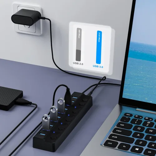 Vista 2 de ONFINIO Hub USB 3.0, concentrador divisor USB de 10 puertos Azul claro
