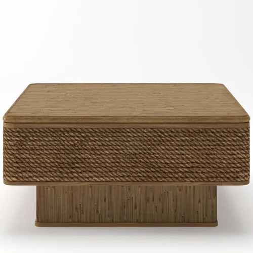 Vista 6 de Mesa auxiliar cuadrada de 31.52 pulgadas con almacenamiento, ratán natural y cuerda de cáñamo, función ajustable, mesa central vintage de granja
