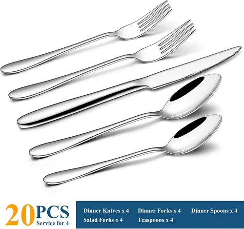 Vista 2 de Wildone - Juego de cubiertos de 20 piezas de acero inoxidable para 4, juego de cubiertos para el hogar, cocina, hotel, restaurante, pulido
