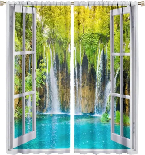 Vista 47 de Cortinas de paisaje, ventana tropical con vista al mar, océano, playa, barco, cortinas con estampado de palmeras para dormitorio, sala de estar, Mar