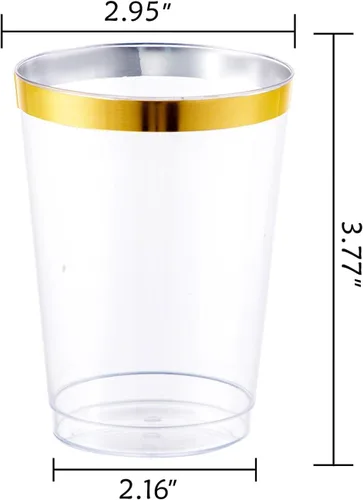 Vista 2 de I00000 100 vasos de plástico dorados, vasos de plástico transparente de 10 onzas con borde dorado, tazas de cerveza, taza dura desechable