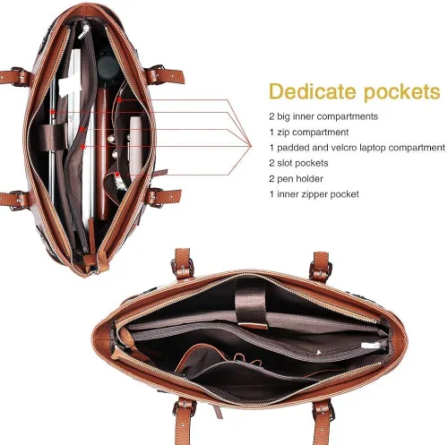 Vista 4 de Bolsas para ordenador portátil para mujer de cuero genuino maletín grande bolso de hombro para señoras bolsos de trabajo 156 pulgadas cartera
