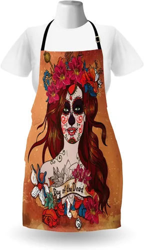 Vista 2 de Ambesonne Day of the Dead - Delantal Día de los Muertos, cultura española, arte de calavera mexicana, babero de cocina unisex con cuello ajustable