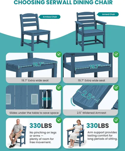 Vista 2 de SERWALL Juego de comedor al aire libre de 59 pulgadas para 6, con 1 mesa y 6 sillas, azul