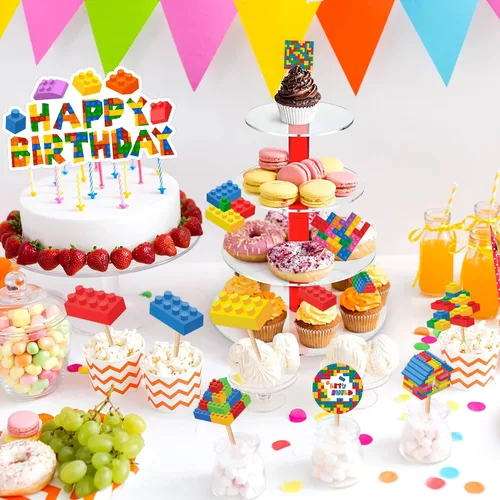 Vista 5 de 25 piezas de bloques de construcción con temática de feliz fiesta de cumpleaños, decoración de cupcakes, decoración de decoración de construcción