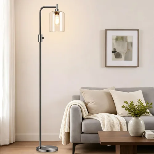 Vista 13 de 【Actualizada】Lámpara de pie regulable para sala de estar con pantalla de vidrio, lámpara de pie industrial moderna negra con bombilla LED de 900LM