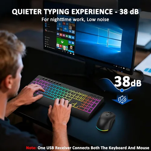 Vista 8 de Combo de teclado y mouse inalámbricos, 9 efectos retroiluminados, teclado retroiluminado recargable de 4000 mAh con reposamuñecas, mouse de 6