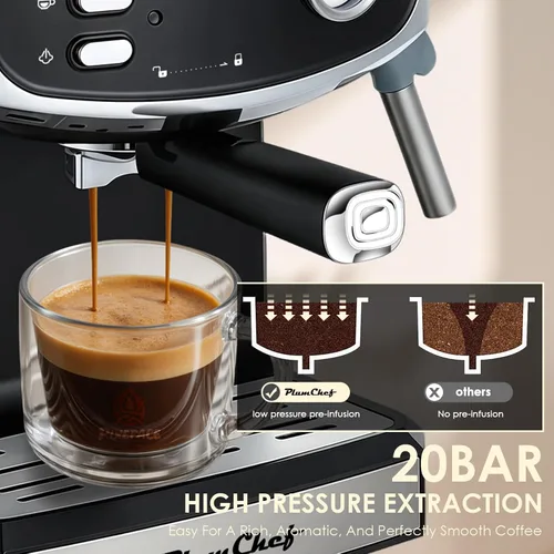 Vista 3 de Plum chef Cafetera espresso de 20 barras para el hogar, cafetera compacta profesional con vaporizador de leche, medidor de presión, tanque de 54