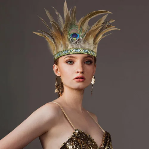 Vista 3 de Diadema de plumas india corona de plumas para carnaval, tocado de Halloween, disfraz de cosplay