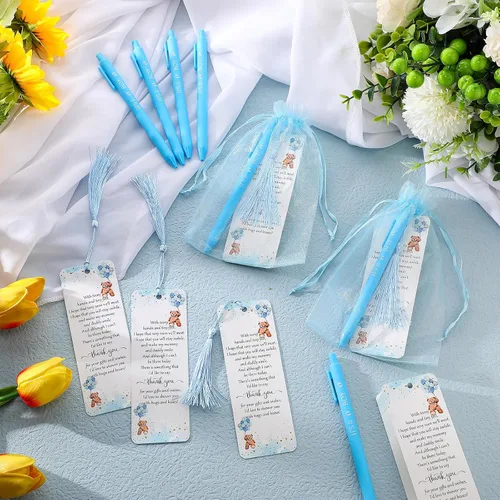 Vista 5 de Geyoga 50 juegos de marcadores para baby shower, 50 bolígrafos para baby shower, 50 marcadores y bolsas de organza para invitados, premios para Azul