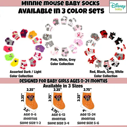 Vista 3 de Disney Juego de 12 pares de calcetines de Minnie Mouse para niñas pequeñas, multicolor, edades de 0 a 24 meses