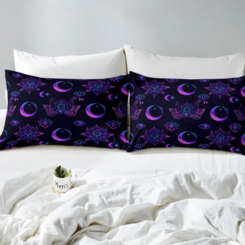 Vista 5 de Erosebridal Juego de sábanas tamaño individual con estampado de luna, diseño de flores de loto, color morado degradado, juego de sábanas orientales