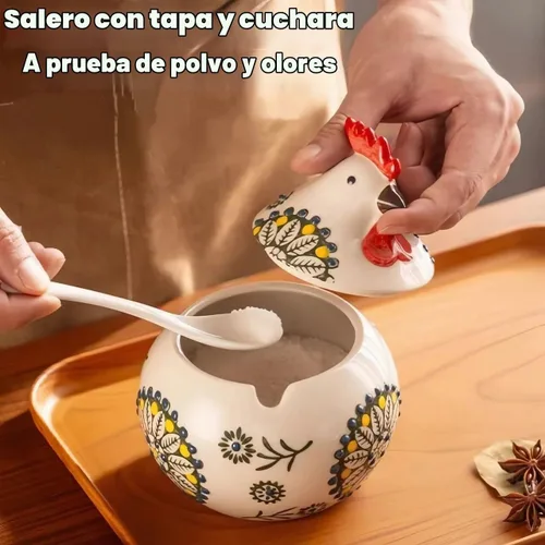 Vista 8 de Bodega de sal en forma de pollo con tapa y cuchara, soporte de sal para Azul