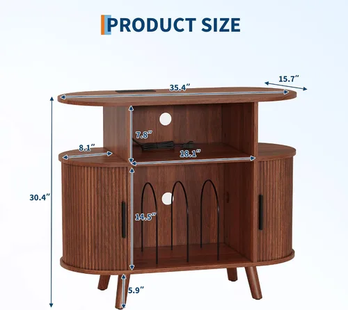 Vista 2 de GarveeHome Soporte redondo grande para tocadiscos con estación de carga y puertos USB, soporte para tocadiscos de vinilo rústico, gabinete