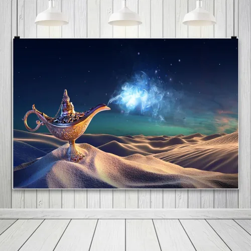 Vista 5 de AOFOTO Lámpara de genio de Aladino de 5 x 3 pies, telón de fondo del desierto místico, escena nocturna del desierto mágico, noches árabes, fondo