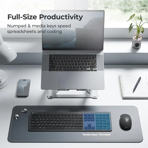 Vista 3 de iClever GK08 - Teclado y mouse inalámbricos, combo de teclado recargable, ergonómico, silencioso, diseño de tamaño completo con teclado numérico